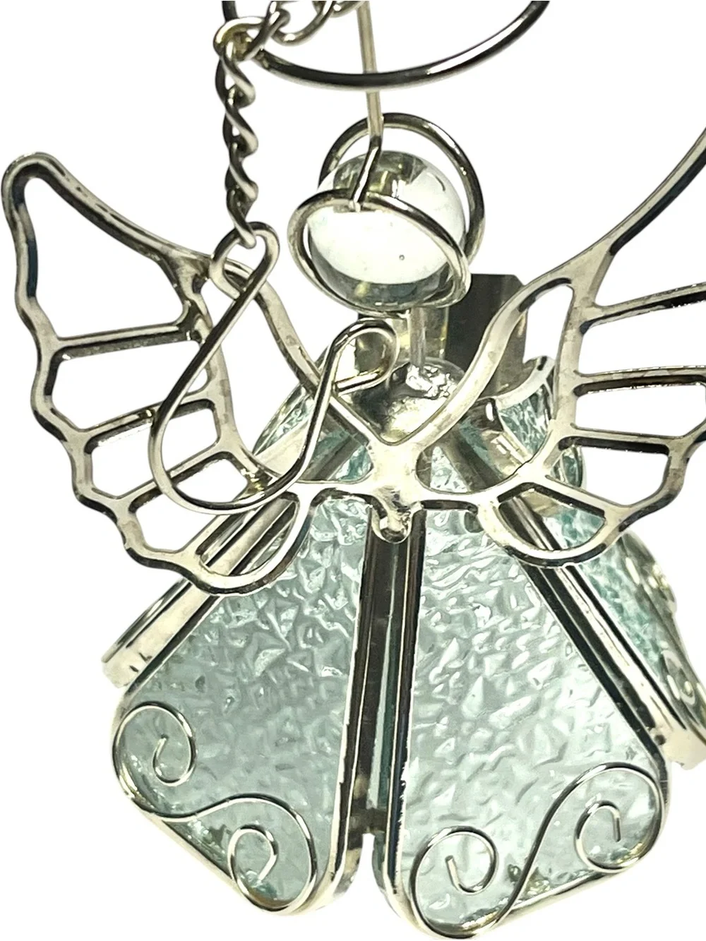 Vtg Silver Textured Glass Chior Angel Christmas Ornament Singing 4”+Hanger/chain